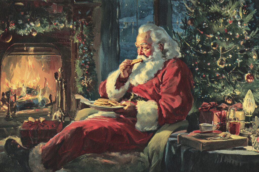 Santa eating cookies. Image created in AI
