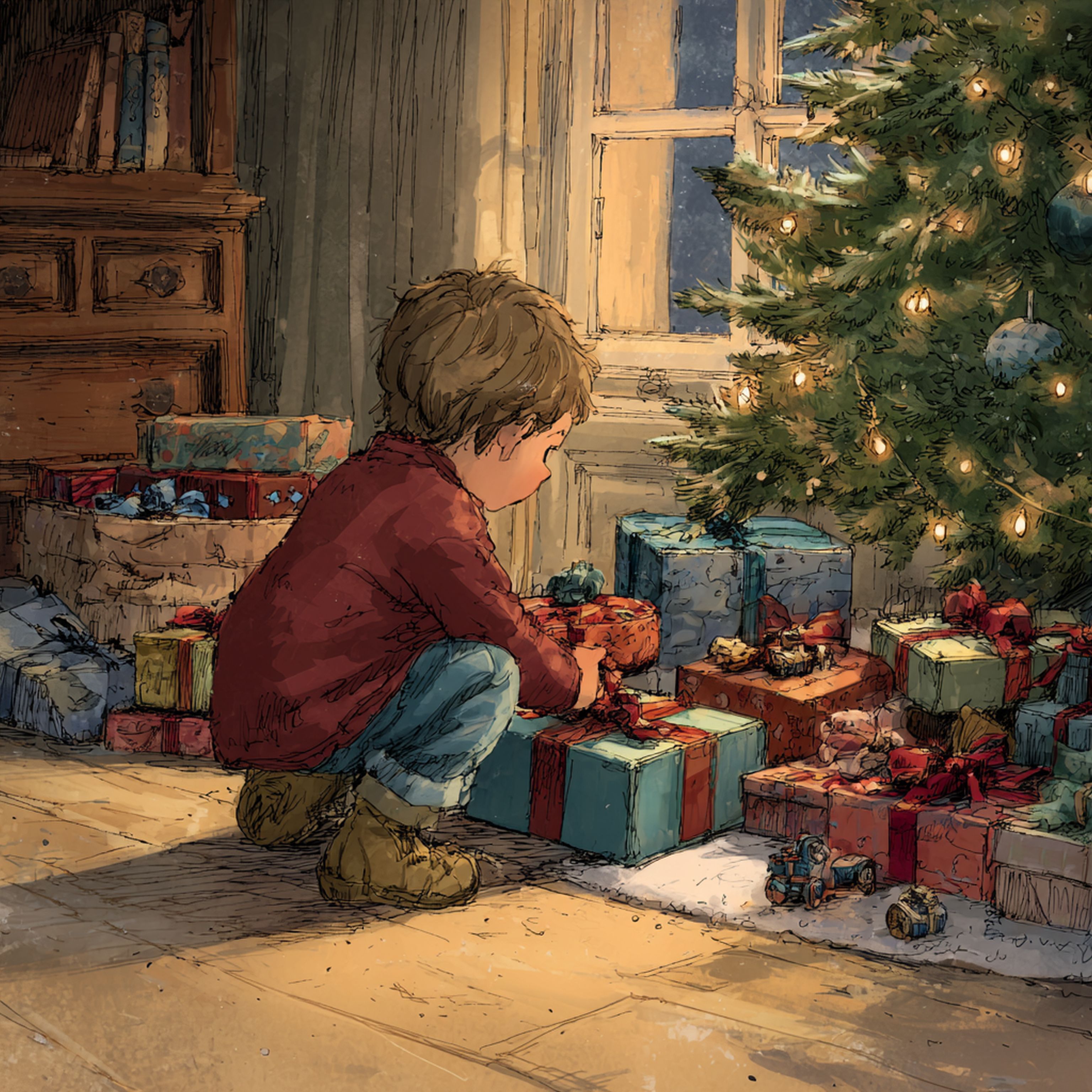 Little boy looking at Christmas presents. Created in AI